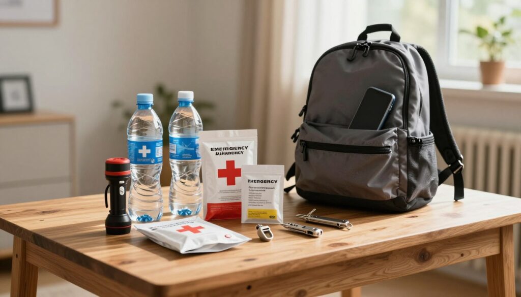 A well-organized emergency supply kit neatly displayed on a sturdy wooden table, serving as the foreground. The kit features essential items such as a flashlight, bottled water, first aid supplies, a whistle, and a multi-tool, all arranged in a visually appealing manner. In the middle ground, a small, open backpack hints at readiness for evacuation, with a portable phone charger peeking out. The background features a softly lit room with a window, allowing warm, natural light to stream in, creating an inviting yet serious atmosphere. This setting evokes a sense of preparedness and safety, highlighting the importance of having the right tools ready in case of an emergency. A well-organized emergency supply kit neatly displayed on a sturdy wooden table, serving as the foreground. The kit features essential items such as a flashlight, bottled water, first aid supplies, a whistle, and a multi-tool, all arranged in a visually appealing manner. In the middle ground, a small, open backpack hints at readiness for evacuation, with a portable phone charger peeking out. The background features a softly lit room with a window, allowing warm, natural light to stream in, creating an inviting yet serious atmosphere. This setting evokes a sense of preparedness and safety, highlighting the importance of having the right tools ready in case of an emergency.