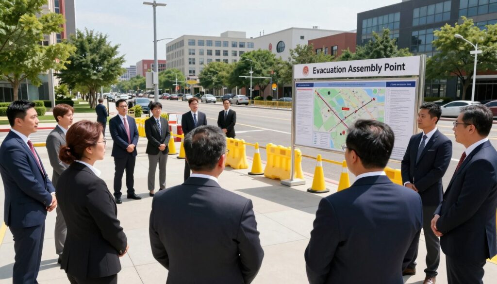 A well-organized evacuation assembly point in an urban setting, showcasing a designated area with clear signage indicating "Evacuation Assembly Point." In the foreground, a group of diverse individuals in professional business attire gather attentively, discussing safety procedures. In the middle ground, bright yellow cones and safety barriers delineate the area, with a detailed map of the evacuation routes displayed on a notice board. The background features a cityscape with modern buildings and trees, under a bright daylight sky, creating a sense of urgency and preparedness. The lighting is clear and natural, emphasizing the importance of the assembly point. The atmosphere is focused and serious, conveying the significance of organization and safety during emergencies.