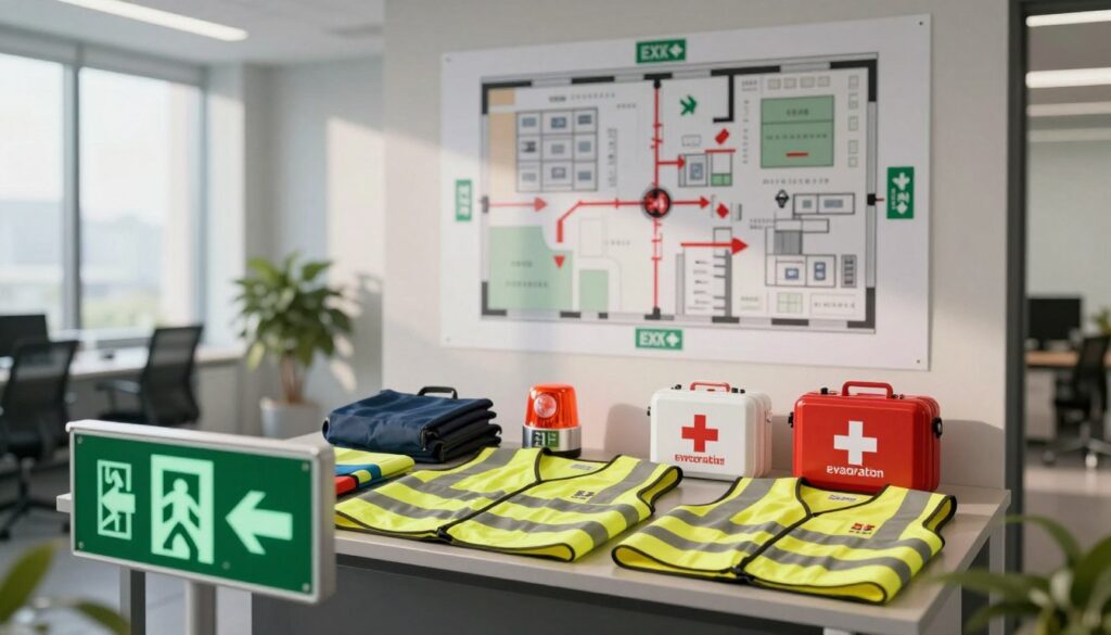 A well-organized evacuation route display within a modern office building. In the foreground, a clear emergency exit sign illuminated in green, signifying direction. In the middle ground, an arrangement of safety products such as reflective vests, first aid kits, and clearly marked emergency lights laid out on a table. The background features a simplified floor plan showing multiple exits and designated paths, with arrows leading towards safe areas. Soft, natural light filters through large windows, casting gentle shadows, creating a calm yet vigilant atmosphere. The entire scene is depicted from a slightly elevated angle, enhancing clarity while focusing on safety and preparedness in a professional environment. A well-organized evacuation route display within a modern office building. In the foreground, a clear emergency exit sign illuminated in green, signifying direction. In the middle ground, an arrangement of safety products such as reflective vests, first aid kits, and clearly marked emergency lights laid out on a table. The background features a simplified floor plan showing multiple exits and designated paths, with arrows leading towards safe areas. Soft, natural light filters through large windows, casting gentle shadows, creating a calm yet vigilant atmosphere. The entire scene is depicted from a slightly elevated angle, enhancing clarity while focusing on safety and preparedness in a professional environment.