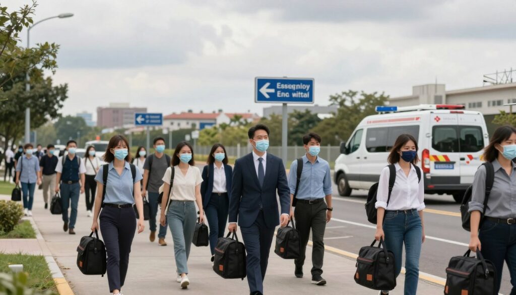 A well-organized evacuation scene, illustrating essential guidelines for the public during an emergency evacuation. In the foreground, a diverse group of individuals dressed in professional and casual attire is seen calmly following safety protocols, such as wearing masks and carrying emergency bags. In the middle ground, a clear assembly point with visible directional signs and an emergency vehicle parked nearby is present to enhance the understanding of a safe evacuation area. The background features a cityscape with a cloudy sky, suggesting urgency but also a controlled environment. Soft, diffused lighting illuminates the scene, casting a sense of realism and calm amidst the situation. Aim for a balanced composition that emphasizes cooperation and safety awareness, creating an informative yet reassuring atmosphere.