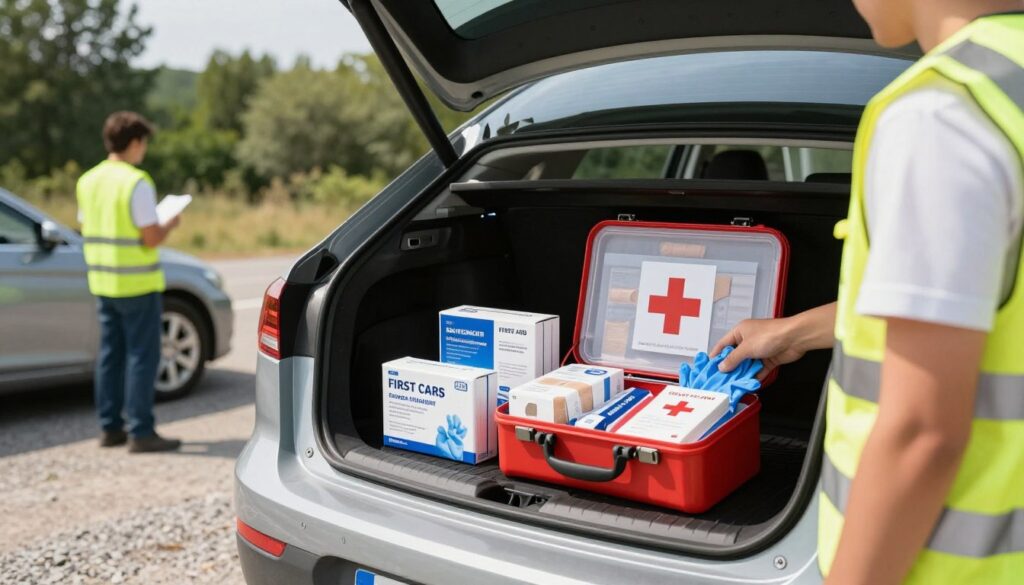 A well-organized first aid kit adhering to the DIN standard, prominently displayed in an open car trunk. The kit features neatly arranged medical supplies such as bandages, antiseptic wipes, gloves, and a first aid manual, all labeled in clear, bold text. In the foreground, a car is parked on a gravel emergency roadside, with a soft focus on the professional attire of a person inspecting the kit, wearing a reflective safety vest. In the middle ground, a blurred backdrop of trees symbolizing safety and preparedness. The lighting is bright and natural, capturing a sunny day, creating an atmosphere of readiness and professionalism. A slight upward angle emphasizes the kit's contents, showcasing the organization and importance of proper first aid equipment.