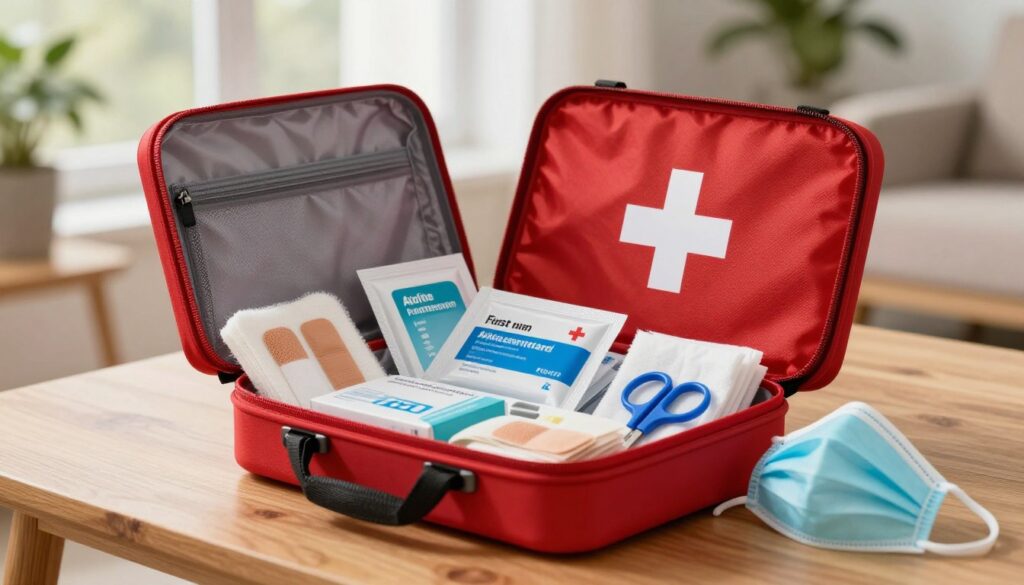 A well-organized first aid kit (apteczka) prominently displayed on a wooden table, showcasing a variety of medical supplies such as bandages, antiseptic wipes, gauze, scissors, and a CPR mask. The kit is visually rich, featuring a bright red exterior with a white cross symbol, open to reveal its contents. In the background, soft natural light filters through a nearby window, creating a warm and inviting atmosphere. Subtle focus effects emphasize the kit in the foreground while gently blurring the background, which contains hints of a cozy home environment, like a potted plant and a relaxing chair. The mood is reassuring and dependable, ideal for highlighting safety and preparedness.