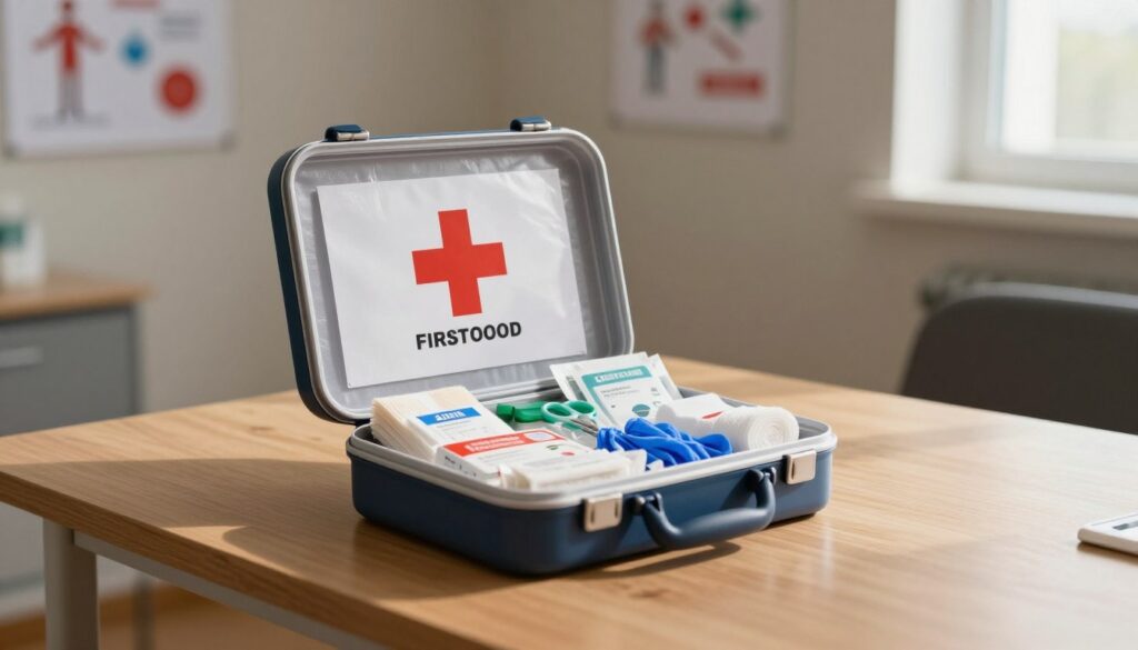 A well-organized first aid kit complying with DIN standards, prominently displayed on a clean, wooden table. The kit is open, revealing neatly arranged medical supplies including bandages, antiseptics, gauze, scissors, and gloves, all labeled clearly. In the background, a softly lit room with neutral colors enhances the professional atmosphere, while a subtle focus shows blurred educational posters related to first aid techniques. The lighting is warm and natural, coming from a nearby window, casting soft shadows and creating a serene mood. The overall composition should highlight the importance of proper first aid preparation, making it visually striking and informative without any text or distractions. A well-organized first aid kit complying with DIN standards, prominently displayed on a clean, wooden table. The kit is open, revealing neatly arranged medical supplies including bandages, antiseptics, gauze, scissors, and gloves, all labeled clearly. In the background, a softly lit room with neutral colors enhances the professional atmosphere, while a subtle focus shows blurred educational posters related to first aid techniques. The lighting is warm and natural, coming from a nearby window, casting soft shadows and creating a serene mood. The overall composition should highlight the importance of proper first aid preparation, making it visually striking and informative without any text or distractions.
