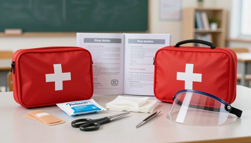 A well-organized first aid kit displayed on a clean, neutral surface. The foreground features various essential items: a red cross-stamped soft case, adhesive bandages, antiseptic wipes, gauze pads, scissors, a pair of tweezers, and a CPR face shield, all neatly arranged. In the middle ground, there is an open instruction manual outlining first aid procedures, partially showing. The background remains soft and unobtrusive, featuring a blurred classroom setting that suggests a school environment, with a hint of a chalkboard and bookshelves. The lighting is bright, mimicking natural daylight, to convey a sense of safety and readiness. The overall mood is professional and reassuring, suitable for educational purposes.