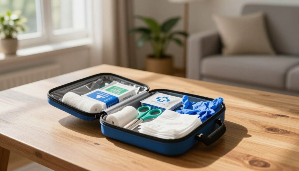 A well-organized first aid kit displayed on a wooden table, with various essential items clearly visible. In the foreground, the kit is open, revealing bandages, antiseptic wipes, scissors, gauze pads, and gloves, all neatly arranged. In the middle background, a soft-focus view of a cozy living space enhances the homey atmosphere, with plants and warm lighting creating a welcoming environment. The scene is illuminated by natural sunlight streaming through a nearby window, casting gentle shadows that add depth. The mood is calm and reassuring, emphasizing preparedness and safety. Capture the image from a slightly elevated angle to provide a comprehensive view of the kit's contents. No people present in the image.