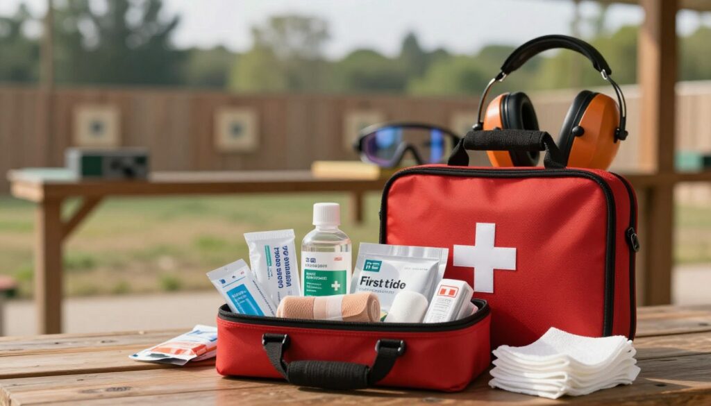 A well-organized first aid kit displayed prominently in the foreground, filled with essential medical supplies such as bandages, antiseptics, and gauze, meticulously arranged for quick access. In the middle ground, a wooden shooting range backdrop, featuring safety gear like goggles and ear protection, hinting at an outdoor setting. The background should include blurred silhouettes of trees under soft, natural daylight, creating a serene yet alert atmosphere. Use a shallow depth of field to focus on the first aid kit, with warm, inviting light highlighting the medical supplies, suggesting readiness and care. Overall, the mood should evoke preparedness and responsibility in maintaining safety during shooting activities.