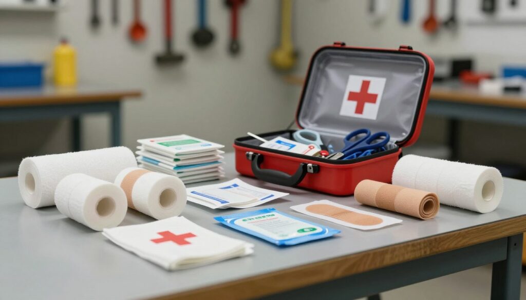 A well-organized first aid kit on a workshop table, showcasing essential dressing materials for cuts, burns, and injuries. In the foreground, a variety of bandages, antiseptic wipes, and gauze rolls are neatly arranged. The middle ground features a compact, professional first aid kit partially open, revealing emergency tools like scissors and gloves. In the background, a softly blurred workshop setting with tools hanging on the wall creates a context of a busy workplace. The lighting is bright but soft, highlighting the kits’ contents. The angle is slightly above the table, offering a clear view of the supplies. The mood is practical and reassuring, focusing on preparedness and safety in the workplace. A well-organized first aid kit on a workshop table, showcasing essential dressing materials for cuts, burns, and injuries. In the foreground, a variety of bandages, antiseptic wipes, and gauze rolls are neatly arranged. The middle ground features a compact, professional first aid kit partially open, revealing emergency tools like scissors and gloves. In the background, a softly blurred workshop setting with tools hanging on the wall creates a context of a busy workplace. The lighting is bright but soft, highlighting the kits’ contents. The angle is slightly above the table, offering a clear view of the supplies. The mood is practical and reassuring, focusing on preparedness and safety in the workplace.