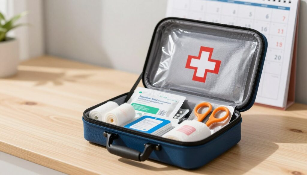 A well-organized first aid kit, placed on a clean wooden surface in a brightly lit room. The kit is open, revealing a variety of neatly arranged medical supplies, including bandages, antiseptic wipes, pain relievers, and scissors, all clearly visible. In the background, a wall calendar marks an upcoming expiration date, symbolizing the importance of regular checks. Soft, natural lighting casts gentle shadows, creating a warm and inviting atmosphere. A close-up view showcases the details of the supplies, emphasizing their freshness and organization. The focus is sharp, with a shallow depth of field to subtly blur the background, directing attention to the first aid kit's contents and reinforcing the theme of product expiration checks. A well-organized first aid kit, placed on a clean wooden surface in a brightly lit room. The kit is open, revealing a variety of neatly arranged medical supplies, including bandages, antiseptic wipes, pain relievers, and scissors, all clearly visible. In the background, a wall calendar marks an upcoming expiration date, symbolizing the importance of regular checks. Soft, natural lighting casts gentle shadows, creating a warm and inviting atmosphere. A close-up view showcases the details of the supplies, emphasizing their freshness and organization. The focus is sharp, with a shallow depth of field to subtly blur the background, directing attention to the first aid kit's contents and reinforcing the theme of product expiration checks.