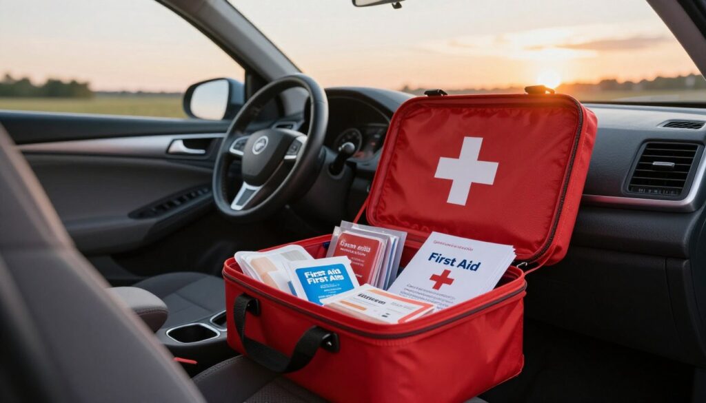 A well-organized first aid kit prominently displayed in a car interior, showcasing its bright red color and emergency symbols. The foreground features the open kit filled with various safety items such as bandages, antiseptic wipes, and a first aid manual. In the middle ground, the driver's seat and dashboard are visible, emphasizing the practical use of the kit. The background captures a view of an open road through the car window, with a soft sunset glow creating a warm, reassuring atmosphere. The lighting is gentle and inviting, casting soft shadows and highlighting the kit’s details. The overall mood is one of preparedness and safety, ideal for illustrating the discussion around regulations and practicalities of having a first aid kit in vehicles. A well-organized first aid kit prominently displayed in a car interior, showcasing its bright red color and emergency symbols. The foreground features the open kit filled with various safety items such as bandages, antiseptic wipes, and a first aid manual. In the middle ground, the driver's seat and dashboard are visible, emphasizing the practical use of the kit. The background captures a view of an open road through the car window, with a soft sunset glow creating a warm, reassuring atmosphere. The lighting is gentle and inviting, casting soft shadows and highlighting the kit’s details. The overall mood is one of preparedness and safety, ideal for illustrating the discussion around regulations and practicalities of having a first aid kit in vehicles.