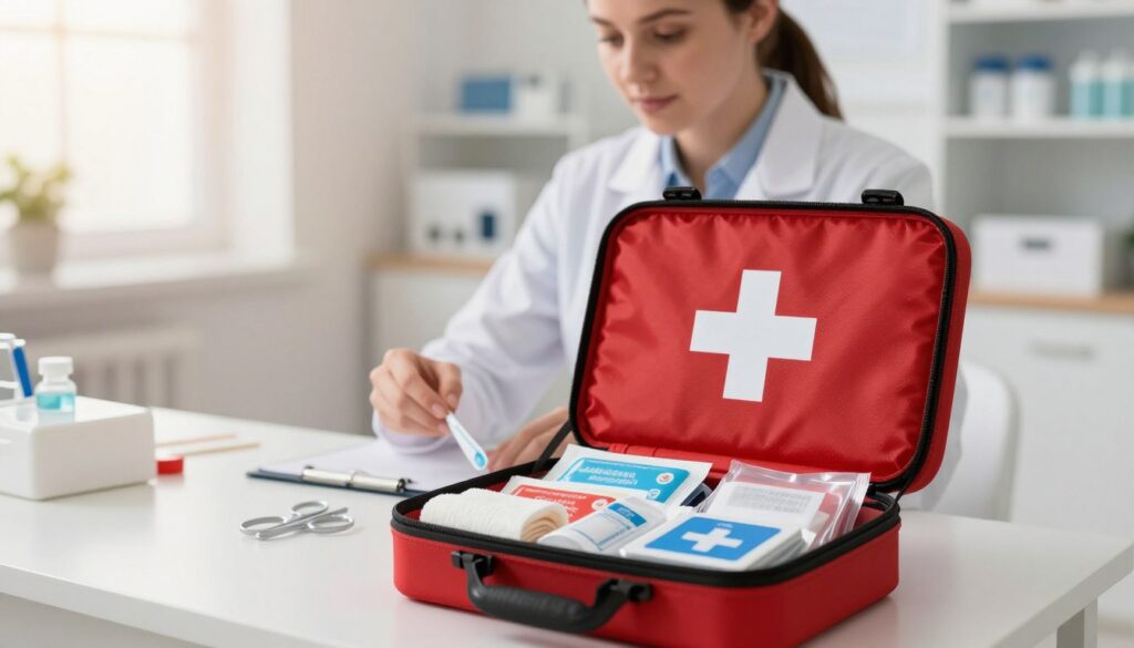 A well-organized first aid kit prominently displayed in the foreground, featuring a bright red carrying case with a white cross symbol. Open the kit to reveal neatly arranged medical supplies such as bandages, antiseptic wipes, gauze pads, and scissors. In the middle ground, position a table with a healthcare professional wearing a crisp white lab coat, examining the contents of the kit with a focused expression, suggesting a sense of diligence and responsibility. The background should include a soft-focus of a clinical setting, perhaps with shelves lined with medical equipment and a warm, inviting light streaming through a window, creating a reassuring atmosphere. The overall mood should be one of preparedness and care, reinforcing the importance of having an accessible first aid kit in Poland. A well-organized first aid kit prominently displayed in the foreground, featuring a bright red carrying case with a white cross symbol. Open the kit to reveal neatly arranged medical supplies such as bandages, antiseptic wipes, gauze pads, and scissors. In the middle ground, position a table with a healthcare professional wearing a crisp white lab coat, examining the contents of the kit with a focused expression, suggesting a sense of diligence and responsibility. The background should include a soft-focus of a clinical setting, perhaps with shelves lined with medical equipment and a warm, inviting light streaming through a window, creating a reassuring atmosphere. The overall mood should be one of preparedness and care, reinforcing the importance of having an accessible first aid kit in Poland.
