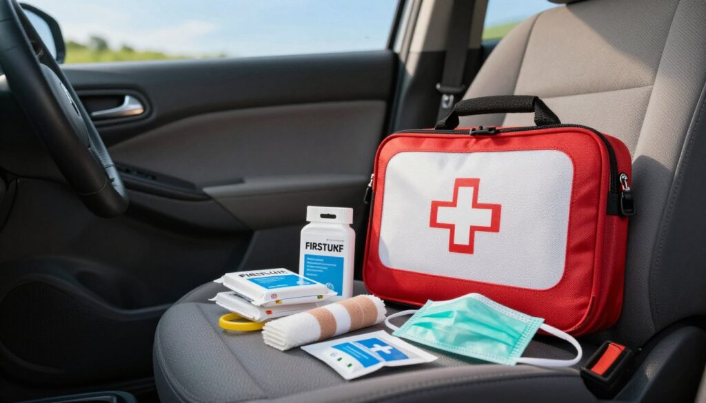 A well-organized first aid kit prominently displayed in the foreground, with various medical supplies visible such as bandages, antiseptic wipes, and a CPR mask. In the middle ground, a compact car interior is depicted, featuring a neatly arranged first aid kit in the passenger seat, emphasizing its importance in vehicles. In the background, an outdoor scene with green grass and a clear blue sky provides a calm and reassuring atmosphere. Natural sunlight bathes the scene, creating a warm and inviting glow. The composition should have a slightly elevated angle, allowing a clear view of both the kit and the car interior, while maintaining a professional and informative mood. The image should be free of any text or distractions, focusing solely on the essential first aid elements. A well-organized first aid kit prominently displayed in the foreground, with various medical supplies visible such as bandages, antiseptic wipes, and a CPR mask. In the middle ground, a compact car interior is depicted, featuring a neatly arranged first aid kit in the passenger seat, emphasizing its importance in vehicles. In the background, an outdoor scene with green grass and a clear blue sky provides a calm and reassuring atmosphere. Natural sunlight bathes the scene, creating a warm and inviting glow. The composition should have a slightly elevated angle, allowing a clear view of both the kit and the car interior, while maintaining a professional and informative mood. The image should be free of any text or distractions, focusing solely on the essential first aid elements.