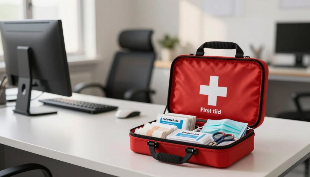 A well-organized first aid kit prominently displayed on a clean, modern office desk, showcasing its essential contents. In the foreground, open the kit to reveal neatly arranged items like bandages, antiseptic wipes, gauze, scissors, and a CPR mask, all labeled clearly. The middle ground features a professional office environment with a sleek computer and ergonomic chair, softly illuminated by natural light coming through a nearby window, creating a warm, inviting atmosphere. The background is blurred to keep the focus on the first aid kit while hinting at a busy work setting. The overall mood is practical and reassuring, emphasizing workplace safety and preparedness. A well-organized first aid kit prominently displayed on a clean, modern office desk, showcasing its essential contents. In the foreground, open the kit to reveal neatly arranged items like bandages, antiseptic wipes, gauze, scissors, and a CPR mask, all labeled clearly. The middle ground features a professional office environment with a sleek computer and ergonomic chair, softly illuminated by natural light coming through a nearby window, creating a warm, inviting atmosphere. The background is blurred to keep the focus on the first aid kit while hinting at a busy work setting. The overall mood is practical and reassuring, emphasizing workplace safety and preparedness.