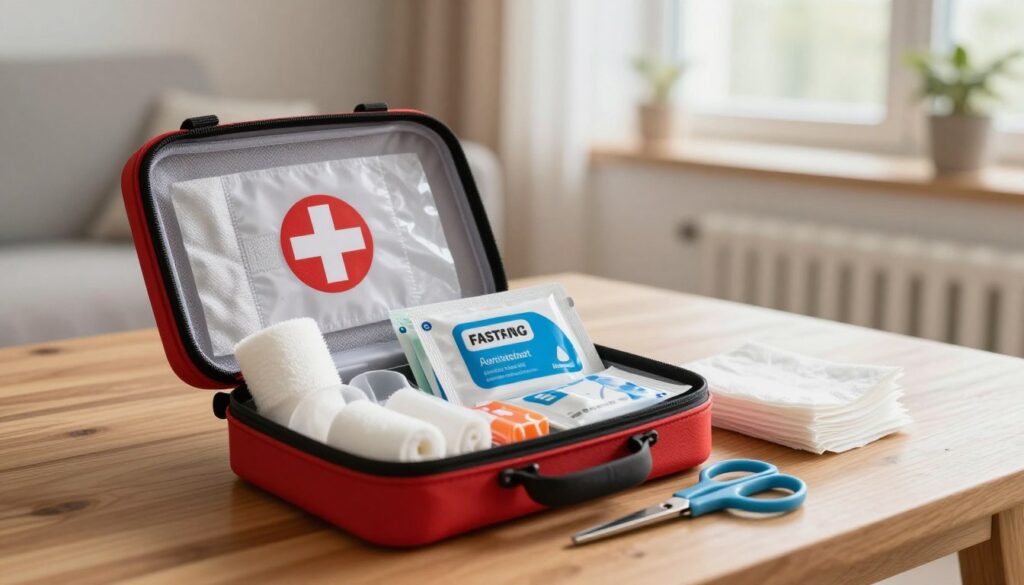 A well-organized first aid kit prominently displayed on a wooden table, showcasing its various components, including bandages, antiseptic wipes, gauze pads, and safety scissors. In the background, a serene home setting with soft, natural lighting filtering through a window, creating a calming atmosphere. The scene should convey a sense of security and preparedness, emphasizing the importance of health and peace of mind. The foreground features the kit opened, neatly arranged for easy access, with an emphasis on the quality of the items. A warm color palette enhances the inviting mood, while a slight depth of field blurs the background slightly, keeping the focus on the first aid kit and its contents. A well-organized first aid kit prominently displayed on a wooden table, showcasing its various components, including bandages, antiseptic wipes, gauze pads, and safety scissors. In the background, a serene home setting with soft, natural lighting filtering through a window, creating a calming atmosphere. The scene should convey a sense of security and preparedness, emphasizing the importance of health and peace of mind. The foreground features the kit opened, neatly arranged for easy access, with an emphasis on the quality of the items. A warm color palette enhances the inviting mood, while a slight depth of field blurs the background slightly, keeping the focus on the first aid kit and its contents.