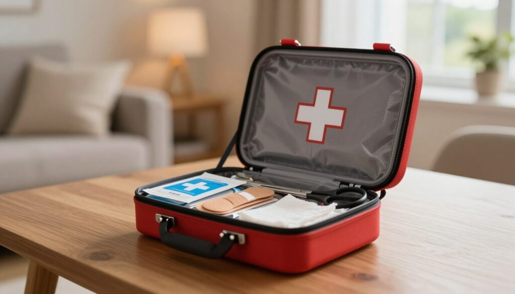 A well-organized first aid kit prominently displayed on a wooden table, with the kit opened to reveal neatly arranged components: band-aids, antiseptic wipes, gauze, and a pair of scissors. In the background, a cozy home environment with a soft-lit ambiance, warm colors, and a window showing a hint of nature outside, implying a safe and inviting space. Focus on the first aid kit as the main subject, with soft shadows enhancing its features. The camera angle is slightly above the table, creating an intimate view of the kit's contents, while maintaining the essence of a practical and accessible safety resource. The overall mood is calm, reassuring, and emphasizes preparedness for emergencies in both home and travel settings. A well-organized first aid kit prominently displayed on a wooden table, with the kit opened to reveal neatly arranged components: band-aids, antiseptic wipes, gauze, and a pair of scissors. In the background, a cozy home environment with a soft-lit ambiance, warm colors, and a window showing a hint of nature outside, implying a safe and inviting space. Focus on the first aid kit as the main subject, with soft shadows enhancing its features. The camera angle is slightly above the table, creating an intimate view of the kit's contents, while maintaining the essence of a practical and accessible safety resource. The overall mood is calm, reassuring, and emphasizes preparedness for emergencies in both home and travel settings.