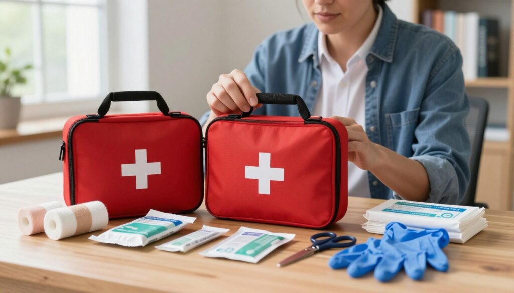 A well-organized first aid kit prominently displayed on a wooden table. In the foreground, various medical supplies are neatly arranged, including bandages, antiseptic wipes, scissors, and gloves, all in vibrant colors. The middle ground features a professional-looking individual in smart casual attire, examining the kit with a focused expression, embodying a sense of expertise and professionalism. The background has soft, natural lighting coming from a nearby window, enhancing the calm and reassuring atmosphere of the scene. A blurred bookshelf filled with medical references adds depth, suggesting a setting of informed guidance. The composition captures the essence of professional advice in assembling essential rescue equipment. A well-organized first aid kit prominently displayed on a wooden table. In the foreground, various medical supplies are neatly arranged, including bandages, antiseptic wipes, scissors, and gloves, all in vibrant colors. The middle ground features a professional-looking individual in smart casual attire, examining the kit with a focused expression, embodying a sense of expertise and professionalism. The background has soft, natural lighting coming from a nearby window, enhancing the calm and reassuring atmosphere of the scene. A blurred bookshelf filled with medical references adds depth, suggesting a setting of informed guidance. The composition captures the essence of professional advice in assembling essential rescue equipment.
