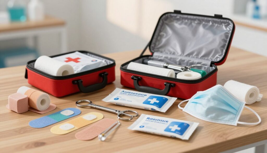 A well-organized first aid kit set on a wooden table, showcasing essential medical supplies for emergency situations. In the foreground, highlight a variety of colorful bandages, a tourniquet, antiseptic wipes, and a CPR mask, carefully arranged to demonstrate their importance. The middle ground features an opened first aid kit with a detailed layout of its contents, including gauze rolls and medical scissors. In the background, a softly blurred, clinical setting evokes an atmosphere of safety and preparedness, with gentle, natural lighting casting a warm glow. Capture the image from a slightly elevated angle to provide an overview of the kit while maintaining focus on the foreground items. The mood should be reassuring and informative, emphasizing readiness for life-saving scenarios.