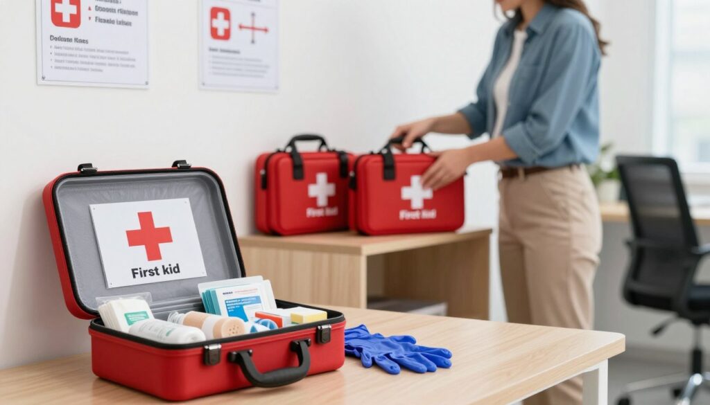 A well-organized first aid station is depicted in a modern office setting. In the foreground, a clearly marked first aid kit is opened, displaying essential medical supplies like bandages, antiseptics, and gloves. In the middle ground, a trained professional in smart casual attire is arranging additional first aid kits on a wooden shelf, ensuring they are easily accessible and visibly labeled. Bright lighting illuminates the scene, creating a clean and inviting atmosphere. The background features a wall with safety signage and clear instructions on first aid procedures. The overall mood is one of preparedness and professionalism, highlighting the importance of proper placement and labeling of first aid materials in a workplace.