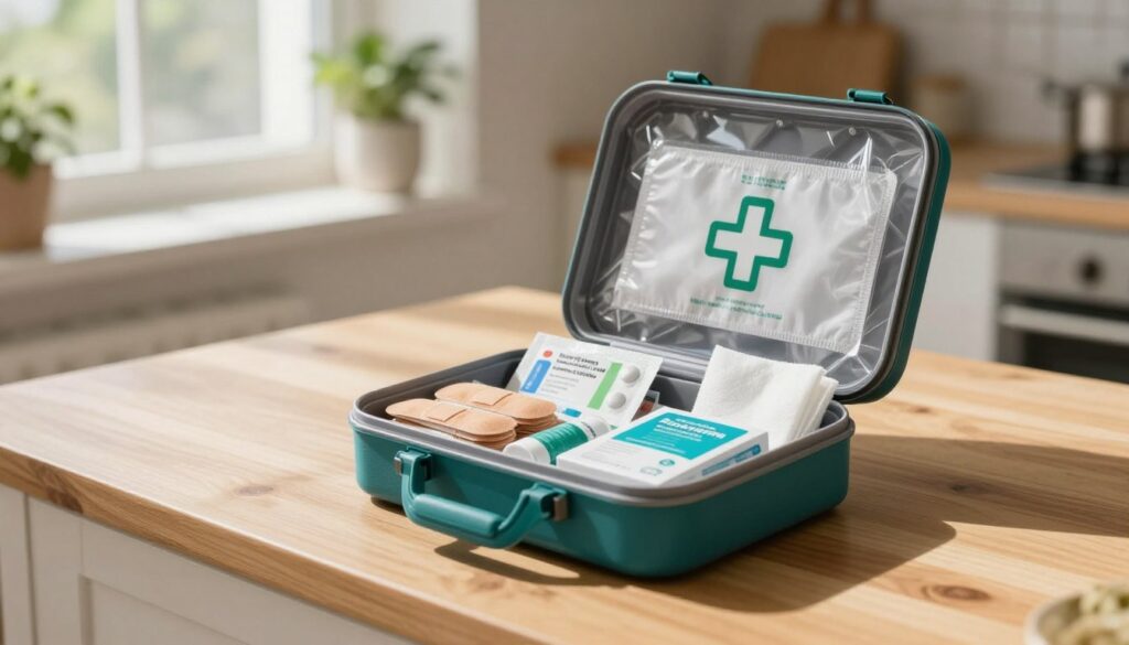 A well-organized home first-aid kit displayed on a wooden kitchen table. The kit is open, revealing neatly arranged medical supplies, including band-aids, antiseptic wipes, pain relievers, and gauze. In the background, bright natural light streams through a window, casting soft shadows that create a warm and welcoming atmosphere. A potted plant adds a touch of greenery to the scene. The focus is sharp on the kit's contents, highlighting their importance and accessibility. No people are present, allowing the viewer to appreciate the practical and essential nature of a home first-aid kit in everyday life. The composition should evoke a sense of safety and preparedness, ideal for a household setting.