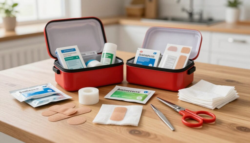 A well-organized home first aid kit displayed on a wooden tabletop. In the foreground, various bandages, antiseptic wipes, adhesive tape, and gauze pads are neatly arranged next to a pair of medical scissors and tweezers, showcasing their textures and colors. In the middle ground, a compact first aid box partially opened reveals additional medical supplies like ointments and sterile plasters, labeled clearly. The background features a softly blurred bathroom or kitchen setting with warm, natural lighting coming from a window, creating a welcoming and safe atmosphere. The scene is captured from a slightly elevated angle to emphasize the organization of the items, evoking a sense of preparedness and care for family health. A well-organized home first aid kit displayed on a wooden tabletop. In the foreground, various bandages, antiseptic wipes, adhesive tape, and gauze pads are neatly arranged next to a pair of medical scissors and tweezers, showcasing their textures and colors. In the middle ground, a compact first aid box partially opened reveals additional medical supplies like ointments and sterile plasters, labeled clearly. The background features a softly blurred bathroom or kitchen setting with warm, natural lighting coming from a window, creating a welcoming and safe atmosphere. The scene is captured from a slightly elevated angle to emphasize the organization of the items, evoking a sense of preparedness and care for family health.