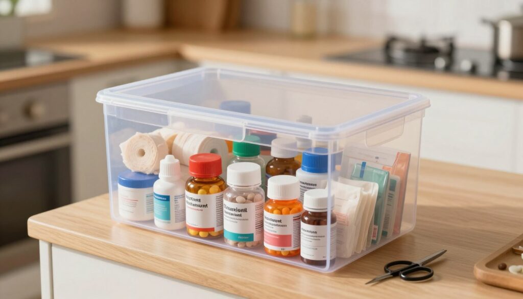 A well-organized home medicine cabinet, centrally featured with a transparent, closed container filled with various colored pill bottles and first-aid supplies. The foreground showcases the container, revealing vibrant labels on the bottles, symbolizing safety and preparedness. In the middle, the cabinet has neatly arranged bandages, antiseptics, and a small pair of scissors, emphasizing organization. The background is a softly blurred kitchen environment, illuminated with warm, natural light, creating a calm and safe atmosphere. The angle is slightly above eye level, providing a clear view of the container while enhancing the feeling of accessibility and security. The mood is serene and inviting, promoting the importance of safety in health management. A well-organized home medicine cabinet, centrally featured with a transparent, closed container filled with various colored pill bottles and first-aid supplies. The foreground showcases the container, revealing vibrant labels on the bottles, symbolizing safety and preparedness. In the middle, the cabinet has neatly arranged bandages, antiseptics, and a small pair of scissors, emphasizing organization. The background is a softly blurred kitchen environment, illuminated with warm, natural light, creating a calm and safe atmosphere. The angle is slightly above eye level, providing a clear view of the container while enhancing the feeling of accessibility and security. The mood is serene and inviting, promoting the importance of safety in health management.