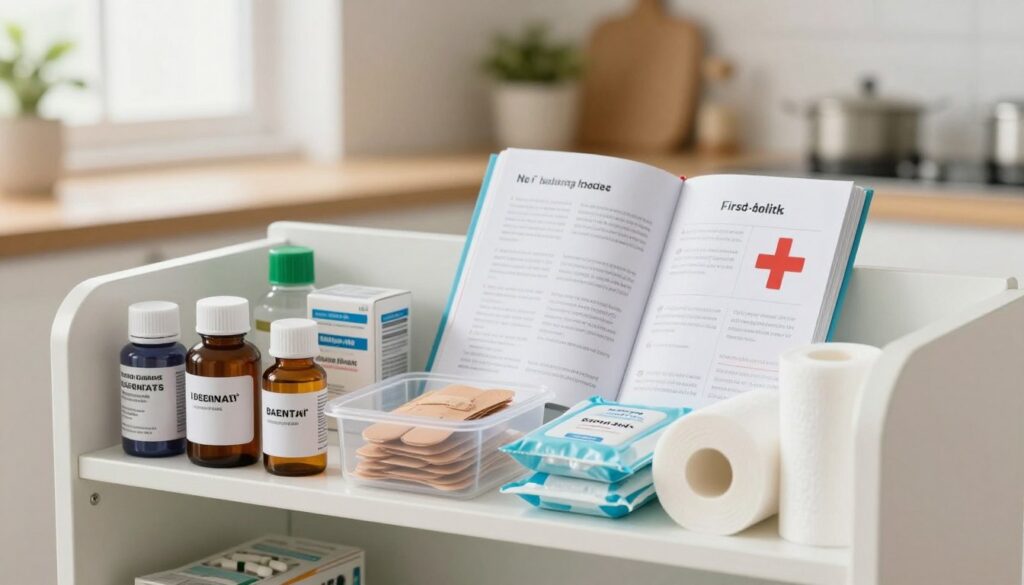 A well-organized home medicine cabinet displayed in a bright, clean kitchen setting. In the foreground, neatly arranged shelves showcase labeled bottles of medications, including over-the-counter treatments and first-aid supplies in clear containers. Band-aids, antiseptic wipes, and gauze rolls are meticulously grouped, emphasizing order and accessibility. In the middle ground, a user-friendly first-aid booklet lies open, inviting readers to explore its content. The background features a softly blurred view of kitchen items creating a cozy atmosphere. Gentle, natural lighting from a nearby window enhances the clarity of the items, projecting a sense of safety and readiness. The image conveys an atmosphere of calm organization and preparedness, suitable for a domestic space. A well-organized home medicine cabinet displayed in a bright, clean kitchen setting. In the foreground, neatly arranged shelves showcase labeled bottles of medications, including over-the-counter treatments and first-aid supplies in clear containers. Band-aids, antiseptic wipes, and gauze rolls are meticulously grouped, emphasizing order and accessibility. In the middle ground, a user-friendly first-aid booklet lies open, inviting readers to explore its content. The background features a softly blurred view of kitchen items creating a cozy atmosphere. Gentle, natural lighting from a nearby window enhances the clarity of the items, projecting a sense of safety and readiness. The image conveys an atmosphere of calm organization and preparedness, suitable for a domestic space.