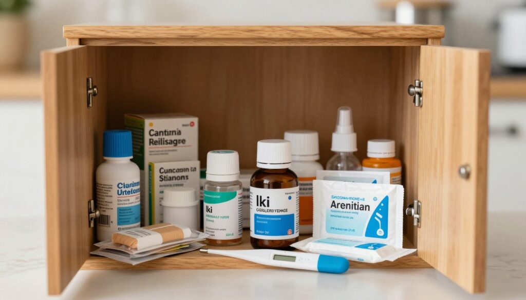 A well-organized home medicine cabinet showcasing a variety of medications, with an emphasis on properly labeled items emphasizing expiry dates. In the foreground, focus on a bottle of "lki," clearly labeled with its name and expiration date, surrounded by neatly arranged first aid essentials like band-aids, antiseptic wipes, and a thermometer. The middle ground features a wooden cabinet with an open door, revealing a tidy arrangement of health items, some unopened to signify new products. The background consists of a softly blurred kitchen setting, with warm, natural lighting illuminating the scene, creating a calm and reassuring atmosphere. The composition should evoke a sense of responsibility and care in health management. The image captures the importance of mindfulness regarding expiry dates in a family setting. A well-organized home medicine cabinet showcasing a variety of medications, with an emphasis on properly labeled items emphasizing expiry dates. In the foreground, focus on a bottle of "lki," clearly labeled with its name and expiration date, surrounded by neatly arranged first aid essentials like band-aids, antiseptic wipes, and a thermometer. The middle ground features a wooden cabinet with an open door, revealing a tidy arrangement of health items, some unopened to signify new products. The background consists of a softly blurred kitchen setting, with warm, natural lighting illuminating the scene, creating a calm and reassuring atmosphere. The composition should evoke a sense of responsibility and care in health management. The image captures the importance of mindfulness regarding expiry dates in a family setting.