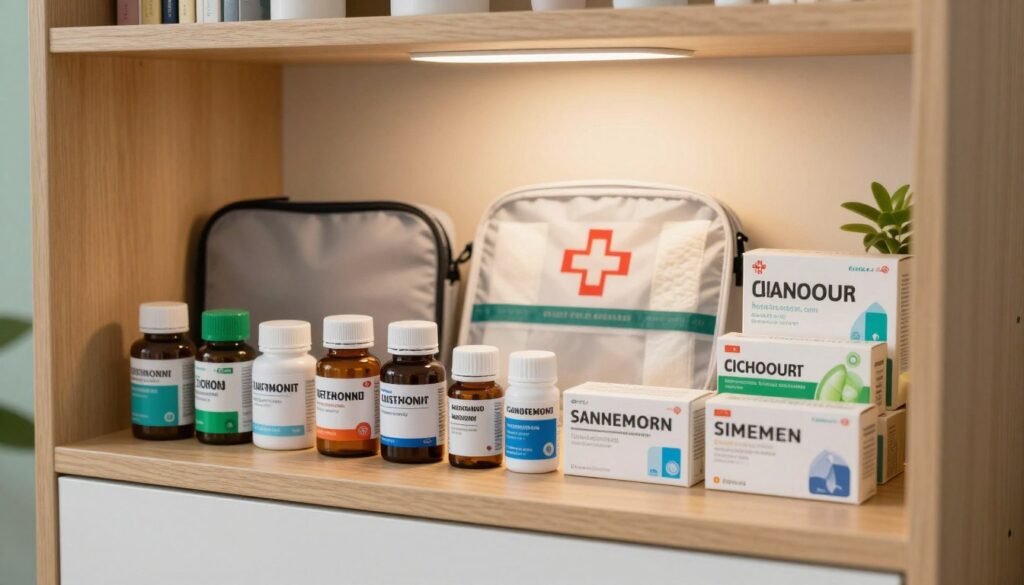 A well-organized home medicine cabinet showcasing safety in storing medications. In the foreground, neatly arranged bottles and boxes of various medicines with clearly labeled caps, including pain relievers, cold medications, and vitamins, each in a different color for easy identification. The middle ground features a first aid kit with bandages and antiseptics, placed on a clean, wooden shelf illuminated by soft, warm overhead lighting. In the background, subtle hints of a cozy, organized room with muted colors and plants, creating a calm and inviting atmosphere. The composition is framed at a slight angle to capture depth, and the overall mood is one of safety, responsibility, and care for health. A well-organized home medicine cabinet showcasing safety in storing medications. In the foreground, neatly arranged bottles and boxes of various medicines with clearly labeled caps, including pain relievers, cold medications, and vitamins, each in a different color for easy identification. The middle ground features a first aid kit with bandages and antiseptics, placed on a clean, wooden shelf illuminated by soft, warm overhead lighting. In the background, subtle hints of a cozy, organized room with muted colors and plants, creating a calm and inviting atmosphere. The composition is framed at a slight angle to capture depth, and the overall mood is one of safety, responsibility, and care for health.