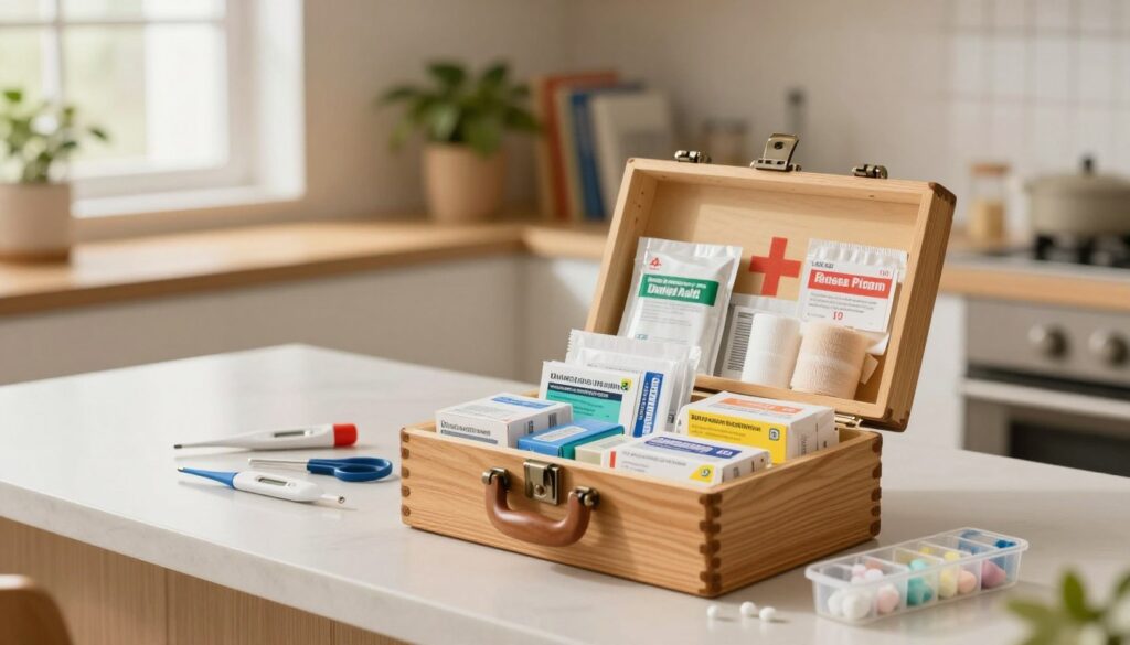 A well-organized home pharmacy setup featuring essential items for adults. In the foreground, a sturdy wooden first aid box is open, displaying neatly arranged medical supplies like bandages, antiseptic wipes, and over-the-counter medications in clearly labeled containers. The middle ground shows a clean countertop with a few additional items like a digital thermometer, scissors, and a pill organizer. In the background, a softly lit kitchen with warm colors has shelves filled with health-related books and a potted plant, adding a sense of calm and safety. Gentle, natural light filters through a nearby window, creating a tranquil atmosphere that conveys preparedness and care. The overall mood is reassuring and organized, emphasizing the importance of having a well-stocked first aid kit for adults. A well-organized home pharmacy setup featuring essential items for adults. In the foreground, a sturdy wooden first aid box is open, displaying neatly arranged medical supplies like bandages, antiseptic wipes, and over-the-counter medications in clearly labeled containers. The middle ground shows a clean countertop with a few additional items like a digital thermometer, scissors, and a pill organizer. In the background, a softly lit kitchen with warm colors has shelves filled with health-related books and a potted plant, adding a sense of calm and safety. Gentle, natural light filters through a nearby window, creating a tranquil atmosphere that conveys preparedness and care. The overall mood is reassuring and organized, emphasizing the importance of having a well-stocked first aid kit for adults.