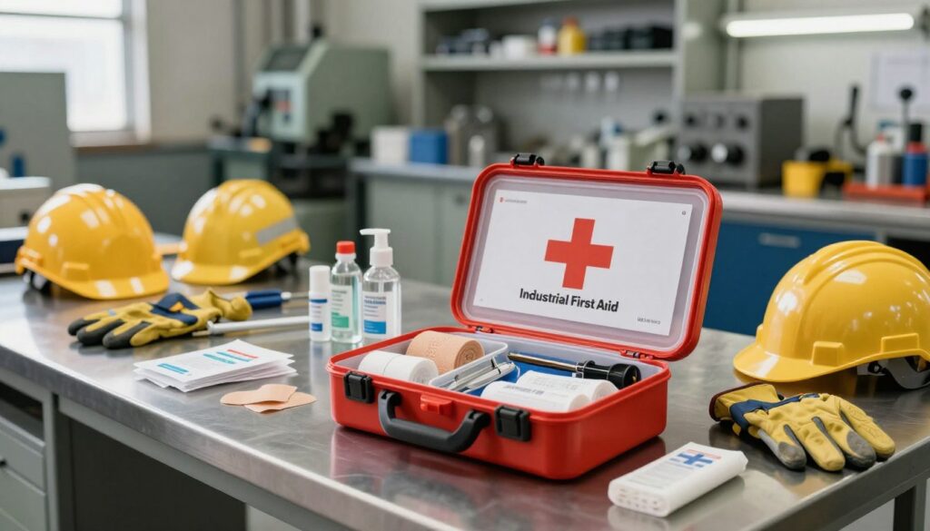 A well-organized industrial first aid kit displayed prominently on a clean workbench in a factory setting. The foreground features the kit, open and showcasing its contents: bandages, antiseptics, and medical tools neatly arranged. In the middle ground, a steel table is surrounded by safety equipment like helmets and gloves, emphasizing the industrial context. In the background, blurred shelves filled with tools and machinery create depth, while soft, natural lighting from overhead fluorescent lights casts a bright yet warm glow on the scene, highlighting the importance of preparedness in the workplace. The atmosphere is professional and reassuring, conveying the critical role of first aid kits in maintaining workplace safety. A well-organized industrial first aid kit displayed prominently on a clean workbench in a factory setting. The foreground features the kit, open and showcasing its contents: bandages, antiseptics, and medical tools neatly arranged. In the middle ground, a steel table is surrounded by safety equipment like helmets and gloves, emphasizing the industrial context. In the background, blurred shelves filled with tools and machinery create depth, while soft, natural lighting from overhead fluorescent lights casts a bright yet warm glow on the scene, highlighting the importance of preparedness in the workplace. The atmosphere is professional and reassuring, conveying the critical role of first aid kits in maintaining workplace safety.