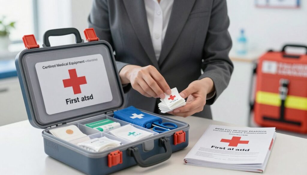 A well-organized layout of certified medical equipment for a first aid kit. In the foreground, showcase an open large first aid kit with clearly labeled compartments, displaying items like sterile bandages, an emergency blanket, scissors, and a first aid manual. The middle ground features a professional-looking individual in business attire, carefully inspecting the kit's contents, exuding a sense of diligence and preparedness. The background includes soft-focus elements like a bright medical facility and emergency response gear, creating a sterile yet inviting atmosphere. Use natural lighting to highlight the contents of the kit, emphasizing the importance of accredited solutions in medical rescue. Opt for a slightly elevated angle to capture depth and detail. The overall mood should be serious and informative, reflecting the critical role of certified first aid solutions in emergency situations.