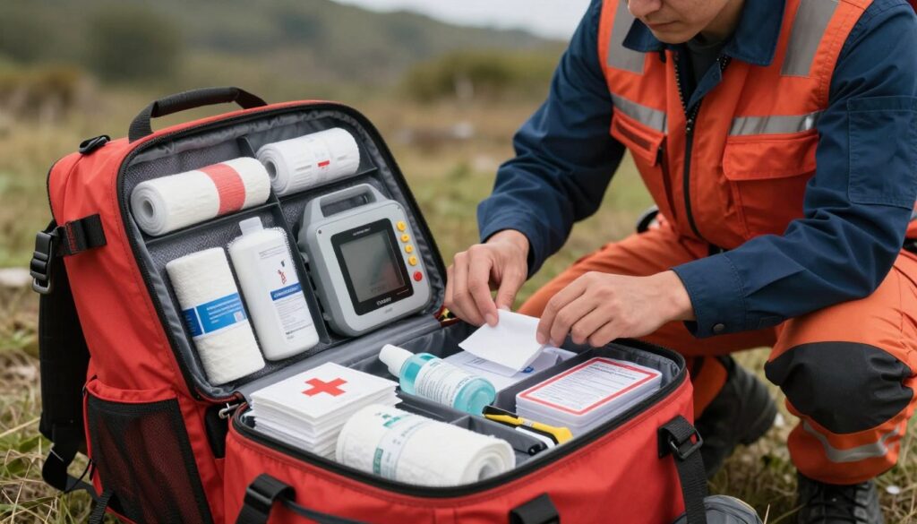 A well-organized medical backpack in a first aid context, prominently showcased in the foreground. The backpack is open, revealing neatly arranged emergency supplies, including bandages, a defibrillator, antiseptics, and medical tools, all labeled for quick identification. The middle ground features a rescue medic dressed in professional attire, examining the contents with focus, surrounded by a subtle backdrop of nature, suggesting a remote emergency scene. Soft, natural lighting enhances the scene, casting gentle shadows that add depth. The camera angle captures a slightly elevated point of view, providing a clear view of both the backpack and the medic’s actions. The mood is serious yet hopeful, emphasizing preparedness and professionalism in emergency care. A well-organized medical backpack in a first aid context, prominently showcased in the foreground. The backpack is open, revealing neatly arranged emergency supplies, including bandages, a defibrillator, antiseptics, and medical tools, all labeled for quick identification. The middle ground features a rescue medic dressed in professional attire, examining the contents with focus, surrounded by a subtle backdrop of nature, suggesting a remote emergency scene. Soft, natural lighting enhances the scene, casting gentle shadows that add depth. The camera angle captures a slightly elevated point of view, providing a clear view of both the backpack and the medic’s actions. The mood is serious yet hopeful, emphasizing preparedness and professionalism in emergency care.