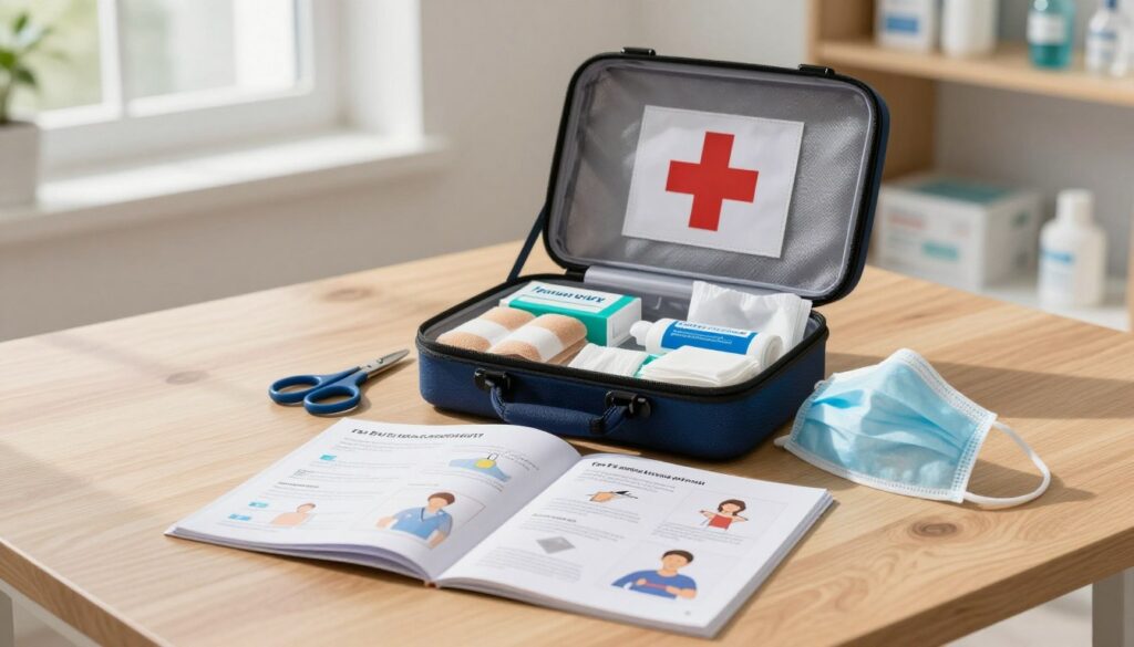A well-organized medical first aid kit open on a wooden table, showcasing essential items like bandages, antiseptic wipes, gauze, scissors, and a CPR mask, all clearly visible. In the foreground, a detailed instruction manual lies partially open, displaying illustrated steps on how to perform first aid, emphasizing clarity and professionalism. The middle of the image features a soothing, bright atmosphere created by natural daylight streaming through a window, casting soft shadows. In the background, a clean and organized medical environment can be seen, with shelves holding additional medical supplies. The overall mood is calm and reassuring, reflecting readiness and safety, suitable for a professional or domestic setting. No human figures are present, ensuring focus on the first aid kit and instructional materials. A well-organized medical first aid kit open on a wooden table, showcasing essential items like bandages, antiseptic wipes, gauze, scissors, and a CPR mask, all clearly visible. In the foreground, a detailed instruction manual lies partially open, displaying illustrated steps on how to perform first aid, emphasizing clarity and professionalism. The middle of the image features a soothing, bright atmosphere created by natural daylight streaming through a window, casting soft shadows. In the background, a clean and organized medical environment can be seen, with shelves holding additional medical supplies. The overall mood is calm and reassuring, reflecting readiness and safety, suitable for a professional or domestic setting. No human figures are present, ensuring focus on the first aid kit and instructional materials.