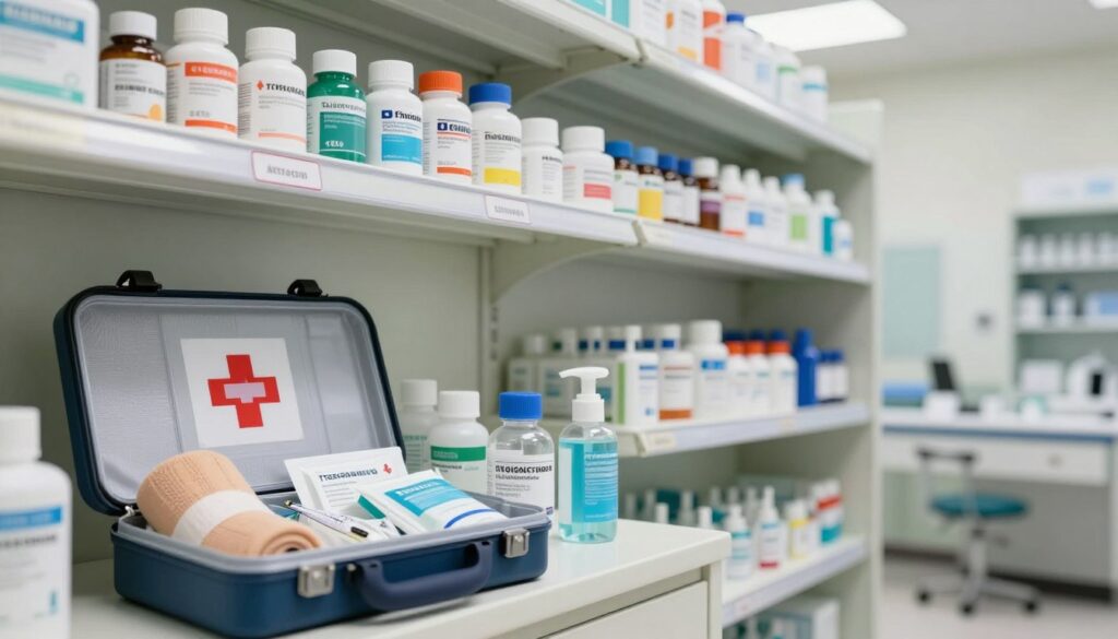 A well-organized medical supplies storage area, showcasing proper safety practices. In the foreground, a neatly arranged first aid kit with an array of medical supplies—bandages, antiseptics, and a thermometer—visible inside. The middle section features labeled shelves holding various medicine bottles and safety equipment, all organized by category. The background consists of a clean, well-lit medical storage room, with soft overhead lighting that creates a calm and professional atmosphere. The angle captures a slight perspective view that emphasizes the organization and accessibility of the supplies. Overall, the mood is one of safety, responsibility, and preparedness. This image should exhibit a sense of order and importance in medical storage without any text or human figures. A well-organized medical supplies storage area, showcasing proper safety practices. In the foreground, a neatly arranged first aid kit with an array of medical supplies—bandages, antiseptics, and a thermometer—visible inside. The middle section features labeled shelves holding various medicine bottles and safety equipment, all organized by category. The background consists of a clean, well-lit medical storage room, with soft overhead lighting that creates a calm and professional atmosphere. The angle captures a slight perspective view that emphasizes the organization and accessibility of the supplies. Overall, the mood is one of safety, responsibility, and preparedness. This image should exhibit a sense of order and importance in medical storage without any text or human figures.