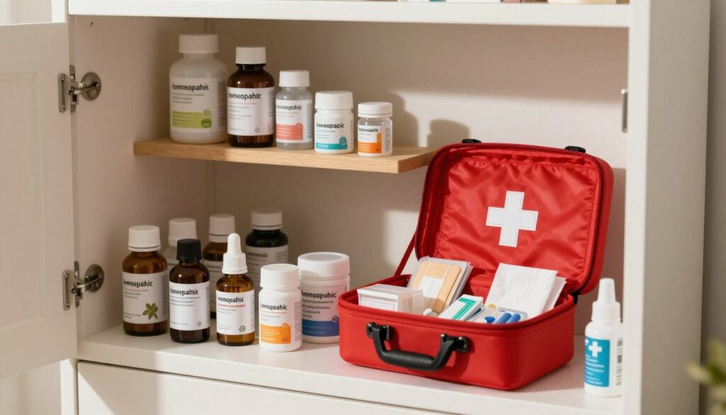 A well-organized medicine cabinet prominently displayed, showcasing a bright red first aid kit beside neatly arranged bottles of homeopathic remedies and over-the-counter medications. The foreground features the vibrant red first aid kit open, revealing its contents like band-aids, antiseptics, and gauze, all surrounded by clear, labeled containers of herbal supplements and syrups. In the middle, a wooden shelf holds various sized containers, offering a sense of order and safety. A soft, warm light floods the scene from the left, casting gentle shadows that emphasize the organization of the shelf. The background is softly blurred, suggesting a cozy home environment, enhancing the atmosphere of safety and preparedness. A well-organized medicine cabinet prominently displayed, showcasing a bright red first aid kit beside neatly arranged bottles of homeopathic remedies and over-the-counter medications. The foreground features the vibrant red first aid kit open, revealing its contents like band-aids, antiseptics, and gauze, all surrounded by clear, labeled containers of herbal supplements and syrups. In the middle, a wooden shelf holds various sized containers, offering a sense of order and safety. A soft, warm light floods the scene from the left, casting gentle shadows that emphasize the organization of the shelf. The background is softly blurred, suggesting a cozy home environment, enhancing the atmosphere of safety and preparedness.