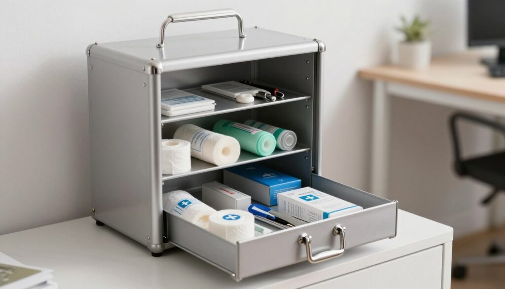 A well-organized metal first aid cabinet, showcasing its sturdy design and durability. The cabinet is metallic silver with a smooth, shiny surface, featuring multiple compartments for first aid supplies neatly arranged inside. In the foreground, focus on the opened cabinet revealing bandages, antiseptics, and medical tools, all clearly visible. In the middle ground, place the cabinet against a minimalistic office wall, accented by soft, warm lighting that highlights its metallic sheen. In the background, a blurred office setting is depicted, suggesting a professional environment. The overall mood conveys safety and preparedness, emphasizing the reliability of metal construction for long-term use.