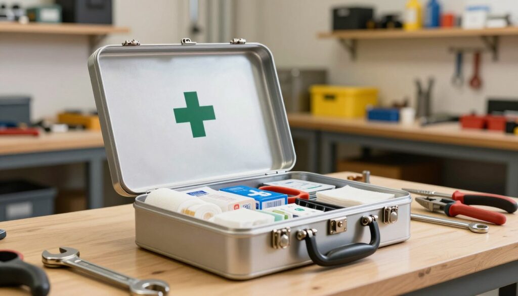 A well-organized metal first aid kit prominently displayed in a bright, well-lit workshop environment. The foreground features the metal kit, gleaming with a modern design, showcasing its sturdy locks and handles. Open the kit to reveal neatly arranged contents, including bandages, antiseptic wipes, scissors, and gauze, all meticulously organized. In the middle ground, various workshop tools like wrenches and pliers are subtly placed on workbenches, hinting at a busy environment while maintaining focus on the first aid kit. The background consists of shelves lined with safety equipment and tools under warm, soft lighting that conveys a sense of safety and preparedness. A slight depth of field enhances the focus on the kit, creating a professional and reassuring atmosphere.