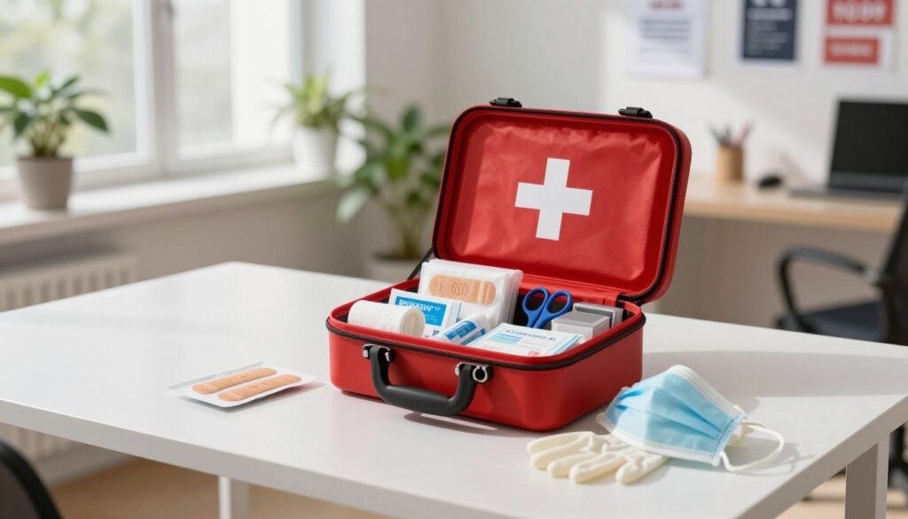 A well-organized office first aid kit prominently displayed on a clean, modern desk. The kit, a sturdy red case, is slightly open, revealing neatly arranged medical supplies including band-aids, antiseptic wipes, scissors, and gauze. In the foreground, include a pair of protective gloves and a CPR mask. The background shows a bright and airy office environment with potted plants and motivational posters, emphasizing a safe workplace. Natural light filters through large windows, casting soft shadows. Capture the image from a slightly elevated angle, creating a sense of overview and providing a clear focus on the first aid kit as a key element of workplace safety. The atmosphere should feel calm and professional, highlighting the importance of readiness and care in the workspace.