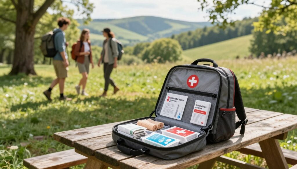 A well-organized outdoor first aid kit displayed on a wooden picnic table in a lush green park setting. The foreground features a professional-looking backpack opened to reveal neatly arranged medical supplies like bandages, antiseptic wipes, and emergency instructions. In the middle ground, a group of friends dressed in comfortable but modest outdoor clothing is engaged in a hiking activity, with a breathtaking view of rolling hills in the background. Soft, natural sunlight filters through the trees, casting gentle shadows across the scene. The atmosphere is vibrant and adventurous, inviting the viewer to consider the importance of preparedness while enjoying the great outdoors. The image should be captured from a 45-degree angle, ensuring a dynamic perspective without any text or watermarks. A well-organized outdoor first aid kit displayed on a wooden picnic table in a lush green park setting. The foreground features a professional-looking backpack opened to reveal neatly arranged medical supplies like bandages, antiseptic wipes, and emergency instructions. In the middle ground, a group of friends dressed in comfortable but modest outdoor clothing is engaged in a hiking activity, with a breathtaking view of rolling hills in the background. Soft, natural sunlight filters through the trees, casting gentle shadows across the scene. The atmosphere is vibrant and adventurous, inviting the viewer to consider the importance of preparedness while enjoying the great outdoors. The image should be captured from a 45-degree angle, ensuring a dynamic perspective without any text or watermarks.