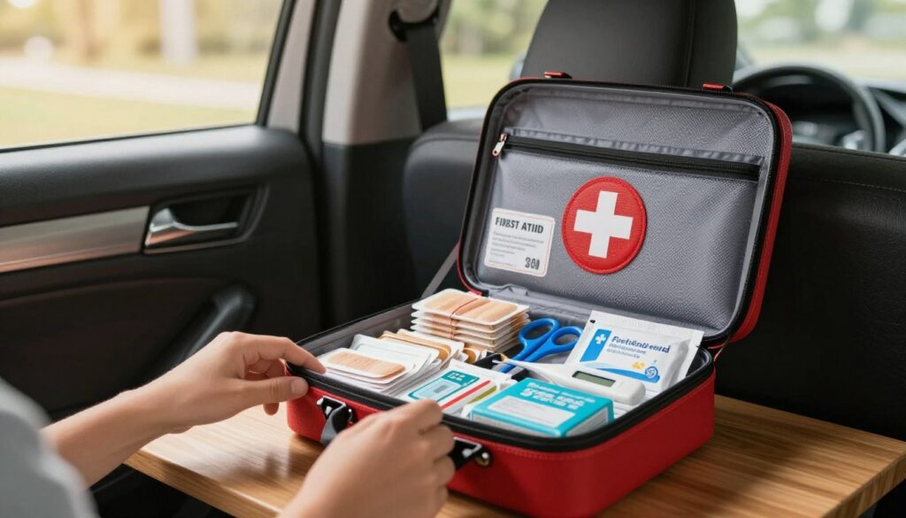 A well-organized, personalized car first aid kit opened and displayed prominently on a wooden table, filled with a variety of carefully arranged medical supplies like band-aids, antiseptic wipes, scissors, and a digital thermometer. In the foreground, a pair of hands skillfully selecting items from the kit, demonstrating customization to fit the family's specific needs. The middle ground features an attractive, unoccupied car interior visible through an open window, emphasizing the context of a family vehicle. In the background, soft daylight filtering through a nearby window creates a warm and inviting atmosphere. The angle captures the essence of preparation, safety, and family care, reflecting a sense of responsibility and readiness for emergencies. A well-organized, personalized car first aid kit opened and displayed prominently on a wooden table, filled with a variety of carefully arranged medical supplies like band-aids, antiseptic wipes, scissors, and a digital thermometer. In the foreground, a pair of hands skillfully selecting items from the kit, demonstrating customization to fit the family's specific needs. The middle ground features an attractive, unoccupied car interior visible through an open window, emphasizing the context of a family vehicle. In the background, soft daylight filtering through a nearby window creates a warm and inviting atmosphere. The angle captures the essence of preparation, safety, and family care, reflecting a sense of responsibility and readiness for emergencies.