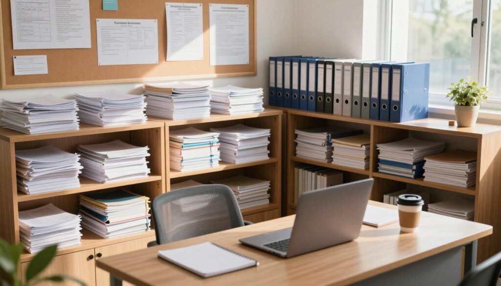A well-organized school documentation office, showcasing stacks of neatly arranged files, folders, and binders on wooden shelves. In the foreground, a professional-looking desk with a closed laptop, a notepad, and a coffee cup. The middle ground features a bulletin board with important notices pinned up. The background includes a window allowing soft, natural sunlight to filter in, casting gentle highlights and shadows across the scene. The overall atmosphere conveys a sense of order and professionalism, essential for safeguarding school documents. Use a slightly elevated viewpoint for a comprehensive angle, highlighting the neatness and detail of the office setup, evoking a calm and focused mood. A well-organized school documentation office, showcasing stacks of neatly arranged files, folders, and binders on wooden shelves. In the foreground, a professional-looking desk with a closed laptop, a notepad, and a coffee cup. The middle ground features a bulletin board with important notices pinned up. The background includes a window allowing soft, natural sunlight to filter in, casting gentle highlights and shadows across the scene. The overall atmosphere conveys a sense of order and professionalism, essential for safeguarding school documents. Use a slightly elevated viewpoint for a comprehensive angle, highlighting the neatness and detail of the office setup, evoking a calm and focused mood.