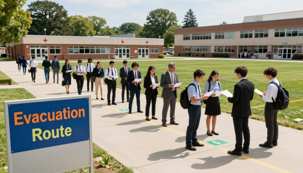 A well-organized school emergency evacuation site, showcasing clearly marked exit routes and gathering areas. In the foreground, a large, visible sign indicating "Evacuation Route" with bright colors. In the middle ground, a diverse group of students and teachers dressed in professional business attire, calmly discussing their evacuation plan, looking determined and focused. In the background, a school building with emergency exit doors and arrows directing towards a designated gathering point on the field, surrounded by trees and an open sky. The lighting is bright and natural, reflecting a sunny day, creating an atmosphere of safety and preparedness. The angle is slightly elevated to capture the entire scene, emphasizing orderly movement towards safety. A well-organized school emergency evacuation site, showcasing clearly marked exit routes and gathering areas. In the foreground, a large, visible sign indicating "Evacuation Route" with bright colors. In the middle ground, a diverse group of students and teachers dressed in professional business attire, calmly discussing their evacuation plan, looking determined and focused. In the background, a school building with emergency exit doors and arrows directing towards a designated gathering point on the field, surrounded by trees and an open sky. The lighting is bright and natural, reflecting a sunny day, creating an atmosphere of safety and preparedness. The angle is slightly elevated to capture the entire scene, emphasizing orderly movement towards safety.