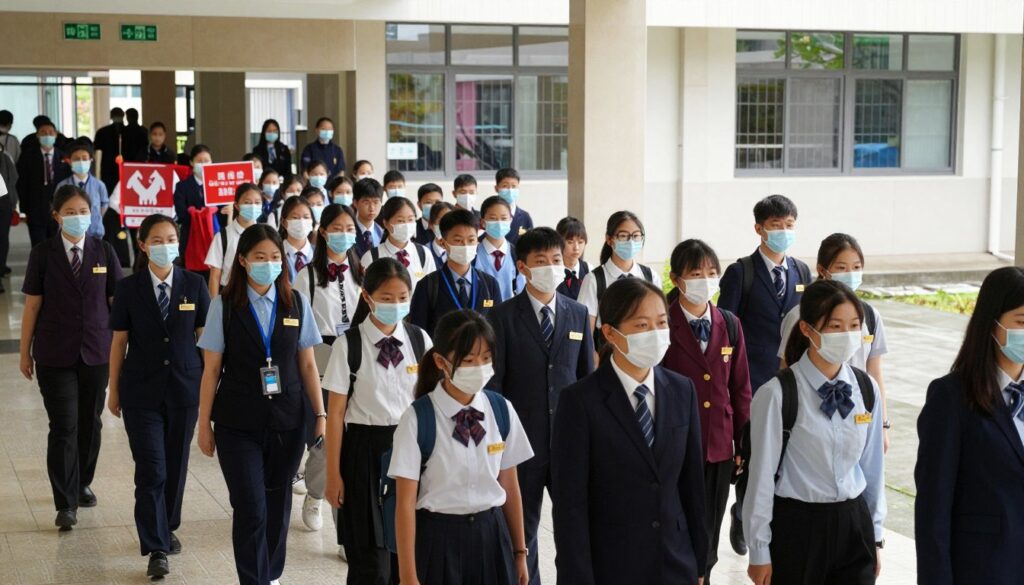 A well-organized school evacuation scene is depicted in the foreground, featuring a diverse group of educators and staff in professional attire, clearly performing their designated roles during an emergency. In the middle ground, students are seen in orderly lines, calmly following safety protocols, guided by adults holding evacuation signs. The background shows an educational institution, with clear emergency exit signs illuminated. Soft, natural lighting spills through the windows, creating a sense of urgency yet reassurance. The angle captures a wide view of the scene from slightly above, emphasizing the teamwork and responsibility of the staff. The overall mood conveys a serious but composed atmosphere, highlighting professionalism and organization during a crisis. A well-organized school evacuation scene is depicted in the foreground, featuring a diverse group of educators and staff in professional attire, clearly performing their designated roles during an emergency. In the middle ground, students are seen in orderly lines, calmly following safety protocols, guided by adults holding evacuation signs. The background shows an educational institution, with clear emergency exit signs illuminated. Soft, natural lighting spills through the windows, creating a sense of urgency yet reassurance. The angle captures a wide view of the scene from slightly above, emphasizing the teamwork and responsibility of the staff. The overall mood conveys a serious but composed atmosphere, highlighting professionalism and organization during a crisis.