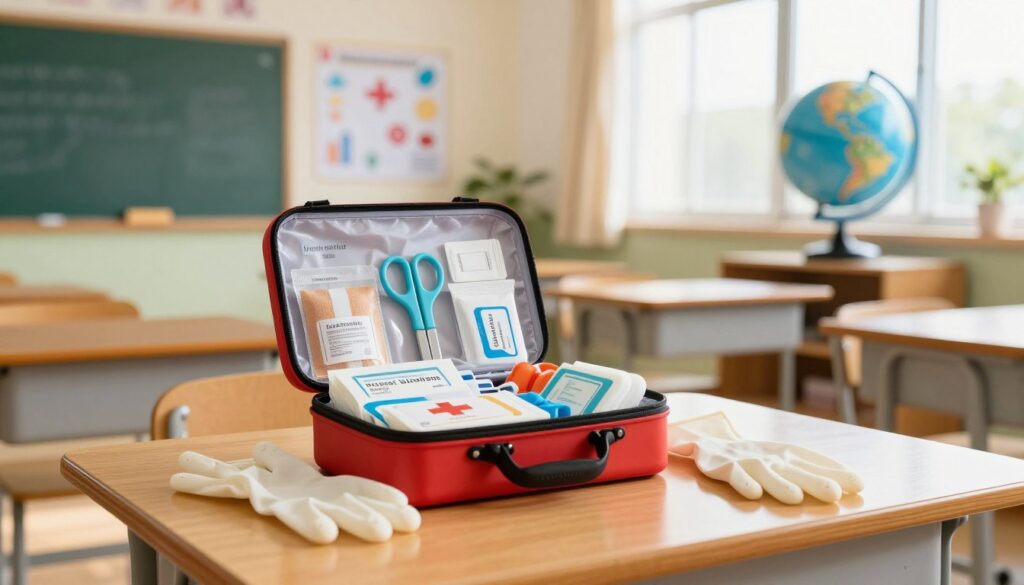 A well-organized school first aid kit on a wooden desk in a brightly lit classroom. The kit is open, revealing neatly arranged medical supplies such as bandages, antiseptic wipes, scissors, and gloves. In the foreground, a pair of clean, child-sized rubber gloves rests beside the kit. The middle ground features a chalkboard with educational posters about health and safety, and a globe sits on a nearby shelf, emphasizing the learning environment. In the background, daylight streams through large windows, casting a warm glow and creating a welcoming atmosphere. The scene conveys safety and preparedness, capturing the essence of why a school first aid kit is an essential element in educational institutions.