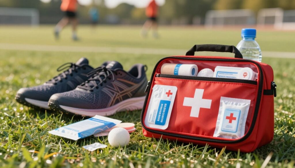 A well-organized sports first-aid kit prominently displayed in the foreground, featuring a red and white cross design, opened to reveal various medical supplies such as bandages, antiseptic wipes, and ice packs. In the middle ground, a pair of running shoes and a water bottle hint at an active lifestyle, surrounded by a soft grassy terrain. The background showcases a blurred view of a sports field, with athletes training in the distance. The scene is illuminated with warm, natural sunlight, casting gentle shadows, creating an inviting and motivational atmosphere. The focus is sharp on the first-aid kit, while other elements fade softly with a slight bokeh effect, emphasizing the importance of preparedness in sports activities. A well-organized sports first-aid kit prominently displayed in the foreground, featuring a red and white cross design, opened to reveal various medical supplies such as bandages, antiseptic wipes, and ice packs. In the middle ground, a pair of running shoes and a water bottle hint at an active lifestyle, surrounded by a soft grassy terrain. The background showcases a blurred view of a sports field, with athletes training in the distance. The scene is illuminated with warm, natural sunlight, casting gentle shadows, creating an inviting and motivational atmosphere. The focus is sharp on the first-aid kit, while other elements fade softly with a slight bokeh effect, emphasizing the importance of preparedness in sports activities.