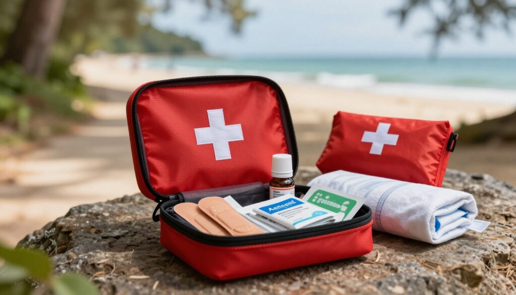 A well-organized travel first aid kit opened against a picturesque outdoor backdrop, such as a tranquil forest path or a sunny beach. In the foreground, focus on the kit's contents: band-aids, antiseptic wipes, a small bottle of pain relievers, and a compact emergency blanket, all neatly arranged. The middle layer features the kit itself, crafted from durable, water-resistant material with a vibrant red color and a cross symbol, indicating its purpose. In the background, a hint of nature or a travel scene suggests adventure and safety. Soft, natural lighting illuminates the scene, creating a warm and inviting atmosphere, while a slightly elevated angle showcases the kit’s details clearly. Capture the essence of preparedness and tranquility in travel. A well-organized travel first aid kit opened against a picturesque outdoor backdrop, such as a tranquil forest path or a sunny beach. In the foreground, focus on the kit's contents: band-aids, antiseptic wipes, a small bottle of pain relievers, and a compact emergency blanket, all neatly arranged. The middle layer features the kit itself, crafted from durable, water-resistant material with a vibrant red color and a cross symbol, indicating its purpose. In the background, a hint of nature or a travel scene suggests adventure and safety. Soft, natural lighting illuminates the scene, creating a warm and inviting atmosphere, while a slightly elevated angle showcases the kit’s details clearly. Capture the essence of preparedness and tranquility in travel.