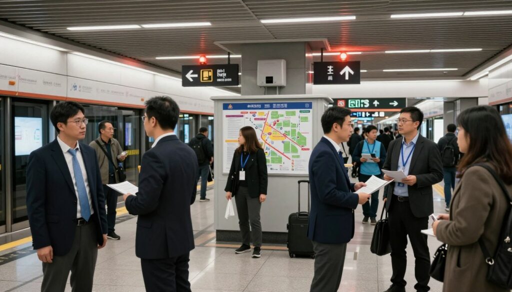 A well-organized underground metro station scene during an emergency evacuation, showcasing a temporary replacement communication hub for passengers. In the foreground, various people in professional business attire are interacting with staff members guiding them towards exit routes; the expressions show concern but also reassurance. In the middle ground, clear signage with arrows and maps direct passengers, while volunteer staff distribute information pamphlets and assist with luggage. The background features a partially illuminated metro platform, with emergency lights casting a warm glow, creating an atmosphere of urgency and organization. The lens captures a wide-angle view to encompass the busy scene while maintaining sharp details. The mood is focused and proactive, reflecting a well-coordinated effort to ensure passenger safety. A well-organized underground metro station scene during an emergency evacuation, showcasing a temporary replacement communication hub for passengers. In the foreground, various people in professional business attire are interacting with staff members guiding them towards exit routes; the expressions show concern but also reassurance. In the middle ground, clear signage with arrows and maps direct passengers, while volunteer staff distribute information pamphlets and assist with luggage. The background features a partially illuminated metro platform, with emergency lights casting a warm glow, creating an atmosphere of urgency and organization. The lens captures a wide-angle view to encompass the busy scene while maintaining sharp details. The mood is focused and proactive, reflecting a well-coordinated effort to ensure passenger safety.
