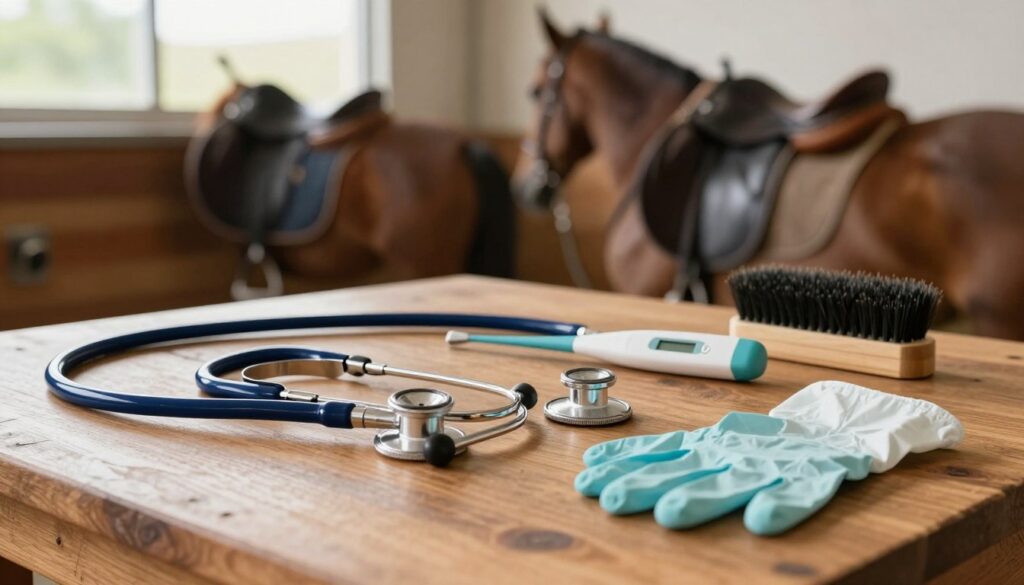 A well-organized veterinary diagnostic tool kit for horses, featuring a variety of diagnostic instruments like a stethoscope, thermometer, hoof pick, and medical gloves, displayed on a wooden table. The foreground showcases the tools in sharp focus, while the background features blurred equestrian-themed items like saddles and brushes, hinting at a stable environment. Soft, natural lighting pours in from a nearby window, creating a warm and inviting atmosphere that suggests care and professionalism. The image should evoke a sense of preparedness and the importance of proper equine care, emphasizing the tools as essential for every horse owner. No text or branding elements should be included. A well-organized veterinary diagnostic tool kit for horses, featuring a variety of diagnostic instruments like a stethoscope, thermometer, hoof pick, and medical gloves, displayed on a wooden table. The foreground showcases the tools in sharp focus, while the background features blurred equestrian-themed items like saddles and brushes, hinting at a stable environment. Soft, natural lighting pours in from a nearby window, creating a warm and inviting atmosphere that suggests care and professionalism. The image should evoke a sense of preparedness and the importance of proper equine care, emphasizing the tools as essential for every horse owner. No text or branding elements should be included.