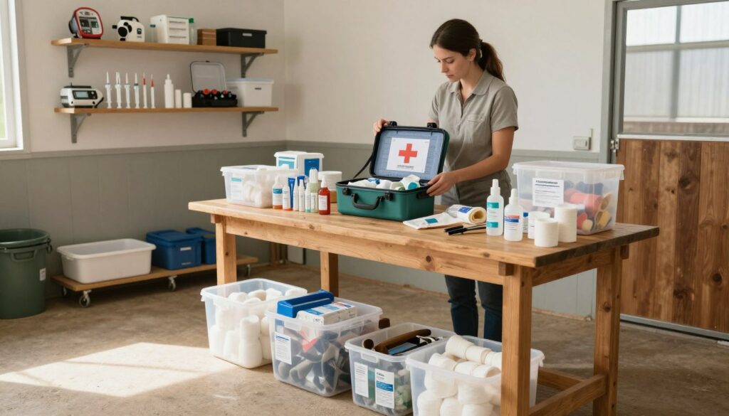 A well-organized veterinary medical supply area featuring a neatly arranged equine first aid kit. In the foreground, showcase a variety of essential medical supplies like bandages, antiseptics, and splinting materials housed in transparent containers. In the middle, depict a sturdy wooden table where a professional in modest casual attire is examining the contents of the kit, ensuring everything is in order. The background features a clean, bright barn setting with shelves that hold additional medical equipment such as thermometers and syringes. Soft, natural lighting filters in, casting gentle shadows, creating a calm and organized atmosphere. The angle should be slightly elevated to capture the full arrangement, focusing on the sense of preparedness and care essential for horse owners. A well-organized veterinary medical supply area featuring a neatly arranged equine first aid kit. In the foreground, showcase a variety of essential medical supplies like bandages, antiseptics, and splinting materials housed in transparent containers. In the middle, depict a sturdy wooden table where a professional in modest casual attire is examining the contents of the kit, ensuring everything is in order. The background features a clean, bright barn setting with shelves that hold additional medical equipment such as thermometers and syringes. Soft, natural lighting filters in, casting gentle shadows, creating a calm and organized atmosphere. The angle should be slightly elevated to capture the full arrangement, focusing on the sense of preparedness and care essential for horse owners.