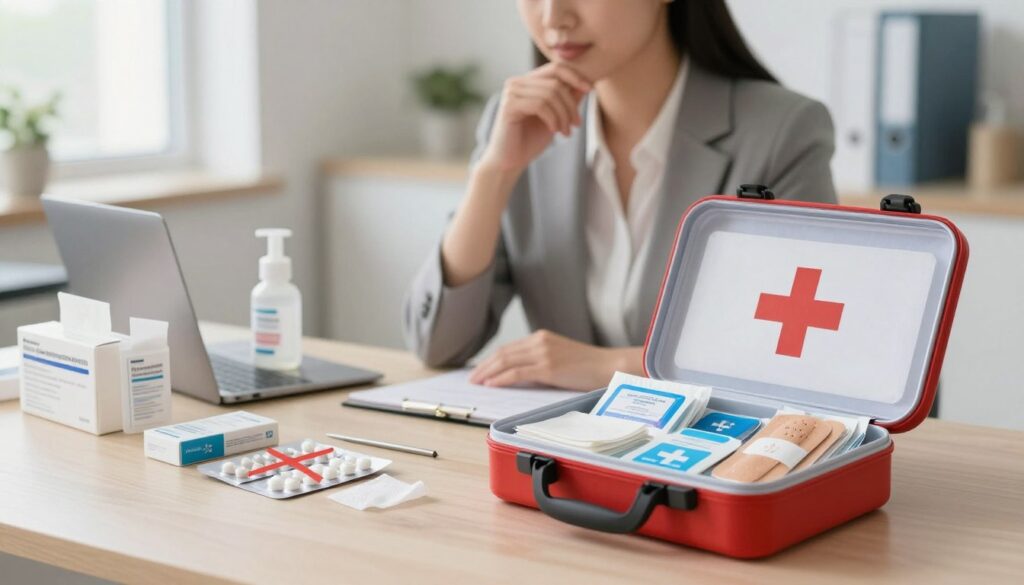A well-organized workplace first aid kit displayed prominently on a clean, neutral-colored table. In the foreground, the open kit reveals items like band-aids, antiseptic wipes, and gauze, while contrasting with forbidden items such as expired medication and sharp objects visibly crossed out. The middle ground features a professional in modest business attire, examining the contents with a thoughtful expression, surrounded by neatly labeled medical supplies. In the background, a bright and well-lit office environment with soft natural lighting coming from a window creates an inviting atmosphere, emphasizing safety and preparedness. The composition should focus on clarity and organization, conveying the importance of proper first aid kit management without any text or additional distractions.
