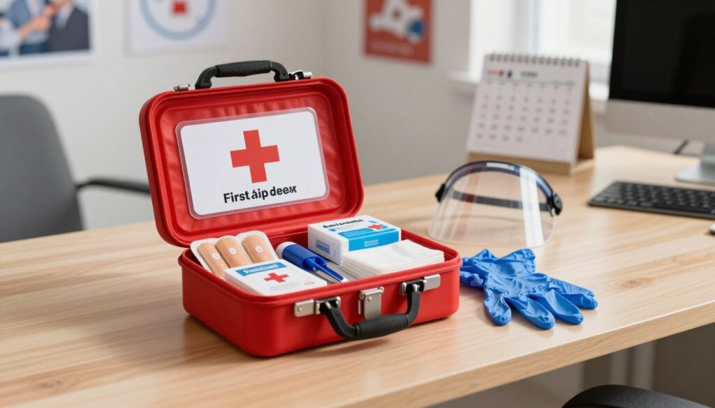 A well-organized workplace first aid kit, prominently displayed on a clean, bright wooden desk. The kit is red with a clear label, opened to reveal neatly arranged supplies: band-aids, antiseptic wipes, gauze pads, scissors, disposable gloves, and a CPR face shield. In the background, an office environment is visible, featuring a computer, a calendar, and motivational posters on the wall, contributing to a professional atmosphere. The lighting is soft and natural, casting a warm glow over the scene, enhancing the sense of safety and preparedness. The camera angle is slightly above the desk, creating a clear focus on the first aid kit while still capturing the essence of a bustling workplace. A well-organized workplace first aid kit, prominently displayed on a clean, bright wooden desk. The kit is red with a clear label, opened to reveal neatly arranged supplies: band-aids, antiseptic wipes, gauze pads, scissors, disposable gloves, and a CPR face shield. In the background, an office environment is visible, featuring a computer, a calendar, and motivational posters on the wall, contributing to a professional atmosphere. The lighting is soft and natural, casting a warm glow over the scene, enhancing the sense of safety and preparedness. The camera angle is slightly above the desk, creating a clear focus on the first aid kit while still capturing the essence of a bustling workplace.